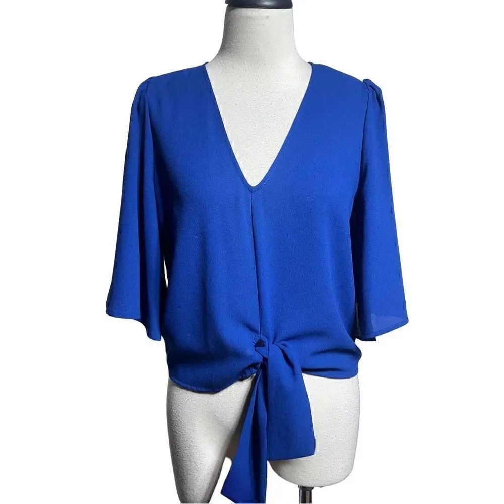 1.STATE Blue Sheer Chiffon Pullover Blouse Trumpet Sleeves Size Small